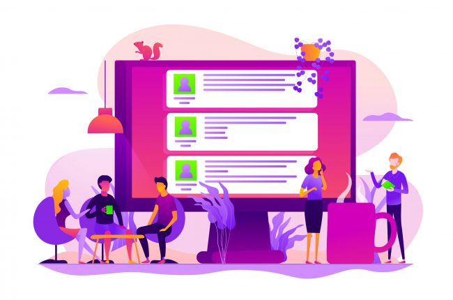 Global internet communication, social media and network technology, chat message and forum concept. Vector isolated concept illustration with tiny people and floral elements. Hero image for website.